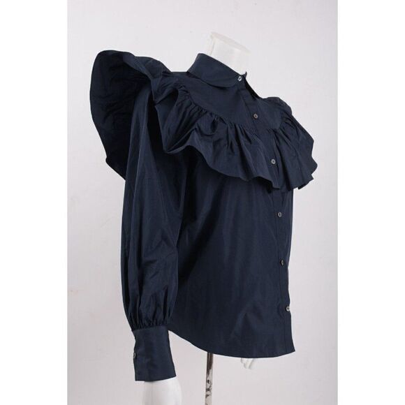 Cinq a Sept Womans Marcelle Ruffled Blouse Shirt XXS Navy Blue Taffeta NWT - Picture 3 of 7